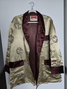 Vintage Silk Embroidered Satin Jacket with Brown Trim